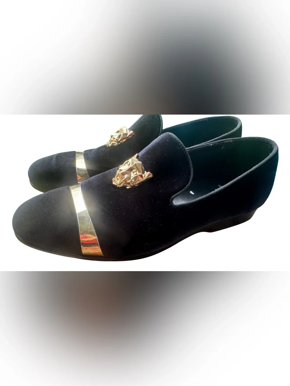 Royal Black Velvet Loafers with Gold Panther Accent ~ Smoking Slippers